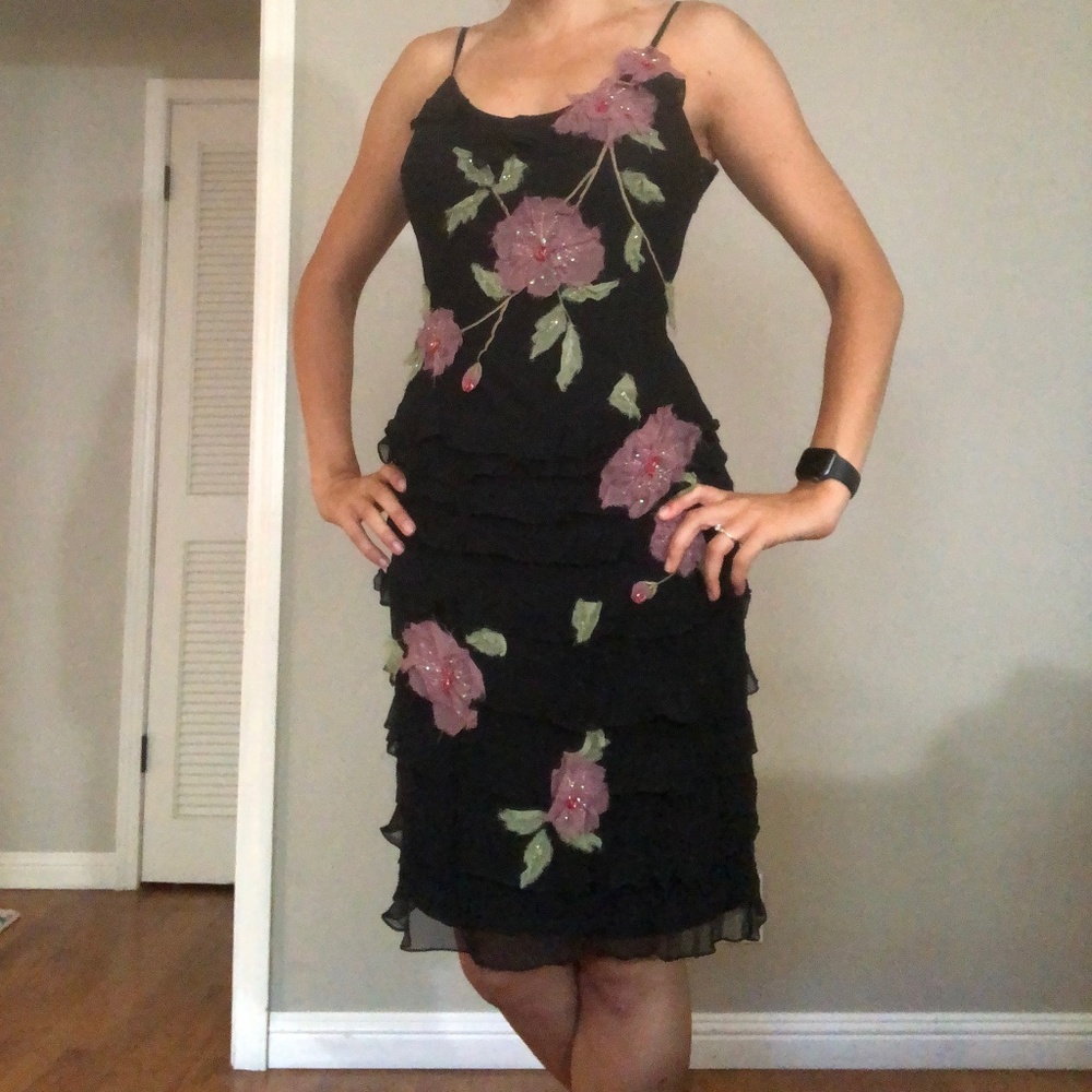 Ruffled black and pink floral dress